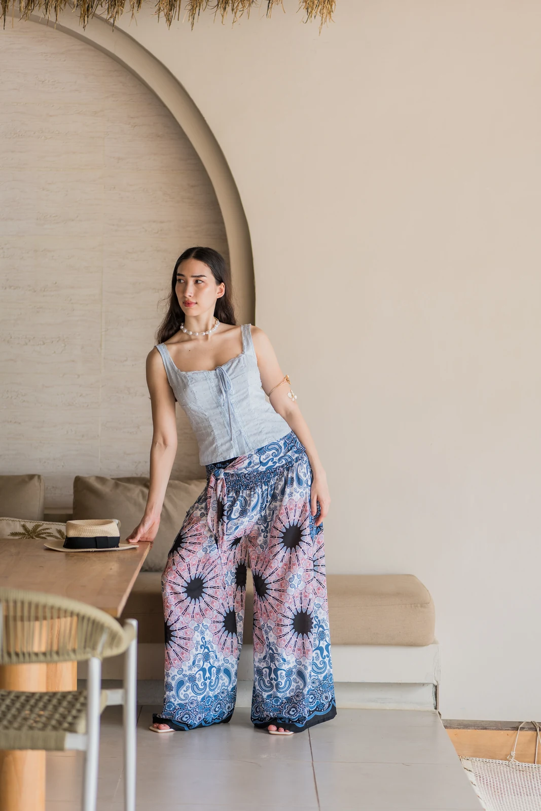 Wide Leg Pants in Apricot Pink Flower